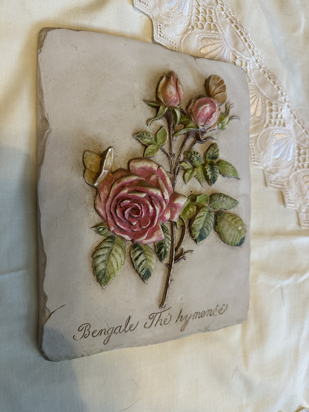 Hen - Feathers  Botanical Roses Vintage Wall Art on Stone